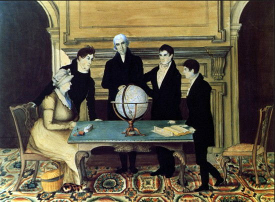 GRUPO DE FAMILIA, Por Morse, 1810. Esta acuarela inconclusa —su primer intento de pintar un grupo— se la obsequió Morse a su niñera Nancy y ella, a sus amigos de Charlestown. Muchos años más tarde, Morse encontró satisfactorios los retratos de su padre, de su madre y de Richard (extremo derecho), pero el suyo, a la izquierda de su padre, y el de Sidney, desagradables. (Museo Nacional de EE. UU.)