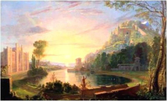 VISTA ALEGÓRICA DE LA UNIVERSIDAD DE NUEVA YORK, Por Morse, 1836. Aunque la vista no es la Plaza Washington. a la izquierda se ve el edificio de la Universidad, en cuya torre izquierda vivió Morse. (Cortesía de la Soc. Histórica de N. York)