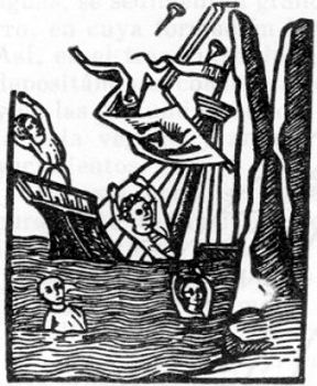Las rocas de magnetita atraen los clavos de una nave. La nave se va a pique. Grabado antiguo (año 1497).