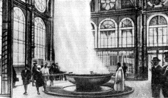 Surtidor mineral "Sprudel” en Karlovy Vary, Checoslovaquia. La temperatura del agua es de cerca de 75° y alcanza una altura de 9 metros