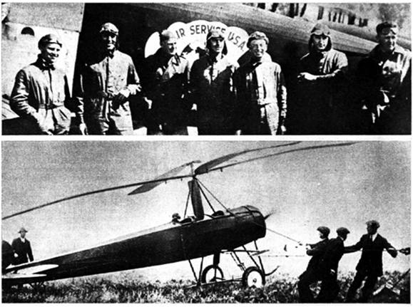 VUELTA AL MUNDO. Wade, Martin, Nelson, Oden, Turner, Smith y Harding (foto superior), antes de iniciar la primera vuelta al mundo en cuatro biplanos. En el accidentado intento recorrieron 28 países en seis meses. ABAJO, el primer autogiro de Juan de la Cierva. Posee cuatro palas horizontales sobre su fuselaje, que le permiten despegar y aterrizar verticalmente.