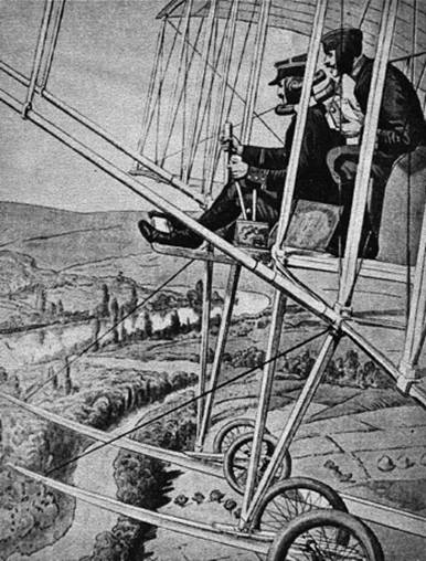 OBSERVACIÓN. El primer empleo de la aviación en la guerra fue el de observar el movimiento del enemigo y sus emplazamientos, como muestra el grabado (1914).