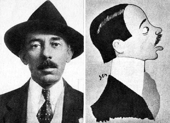 POPULARIDAD. Izquierda, Santos Dumont cuando realizaba sus primeros vuelos; derecha, un dibujo de Santos Dumont, obra de Sem, publicado en 1901
