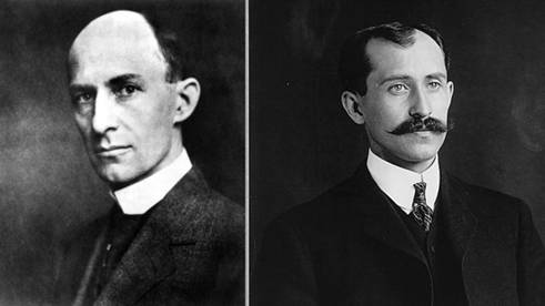 WILBUR WRIGHT (Izquierda): Tesoneros y celosos de sus investigaciones, los hermanos Wright fueron ignorados por la prensa cuando lograron su primer vuelo en Kitty Hawk. En 1900, los hermanos Wright planeaban un vuelo sin motor, buscando respuesta a varias dudas técnicas. ORVILLE WRIGHT (Derecha): Los trabajos realizados con su hermano Wilbur abrieron la era de la aviación que se ha mantenido en constante progreso. Mecánicos de bicicletas, reunieron y experimentaron con todos los conocimientos alcanzados hasta ese entonces con rela¬ción al vuelo sin motor y a las tentativas de crear una máquina más pesada que el aire que pudiera volar. Lo lograron en diciembre de 1909.