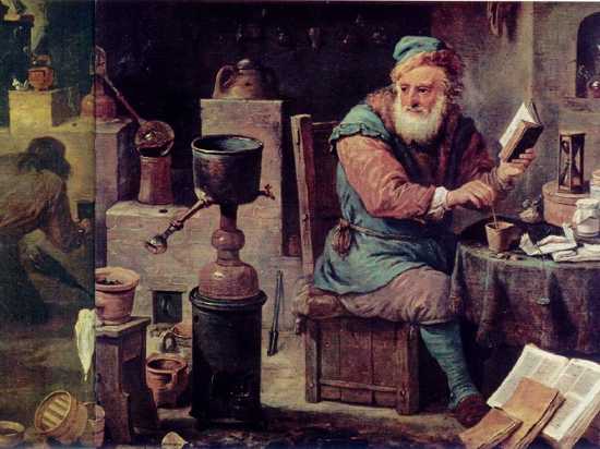 En este cuadro del siglo XVII, obra de David Teniers el Joven, un alquimista está agitando un crisol, mientras ordena atizar el fuego a su ayudante.