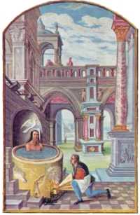 La pintura de un manuscrito inglés de 1582, representa al metal mercurio como un rey a quien se está hirviendo vivo para obtener su vapor o alma, simbolizado por el pájaro blanco.